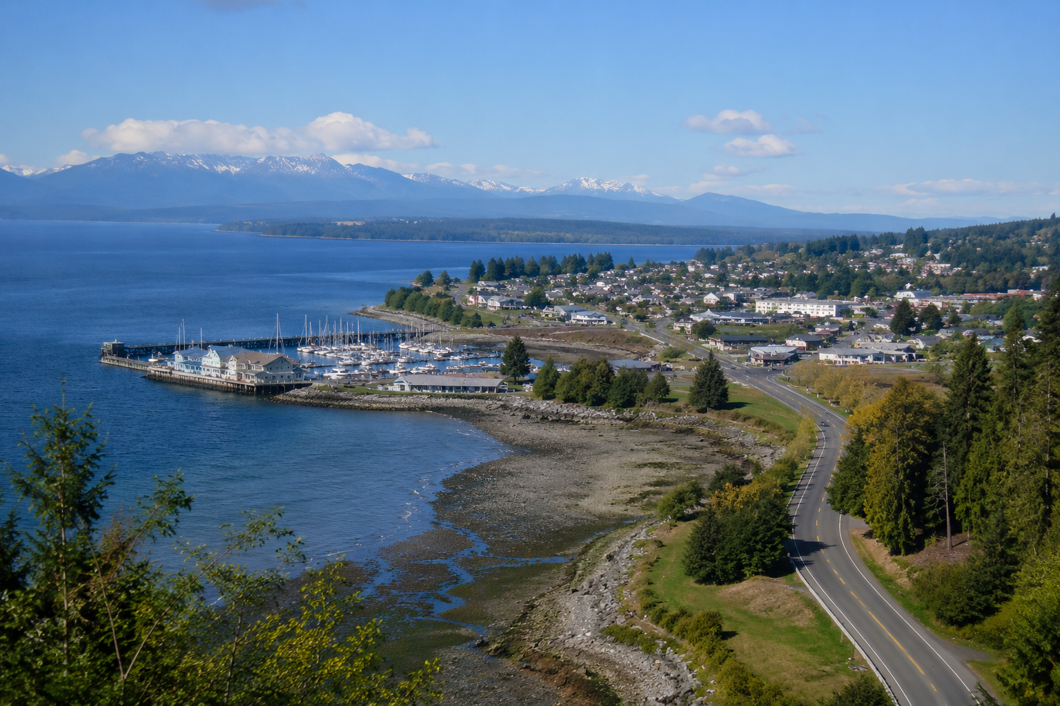 oak-harbor-wa-waterfront-marina-aerial-view Aerial view of Oak Harbor waterfront marina with coastal shoreline, scenic highway, evergreen trees, and mountain views on Whidbey Island