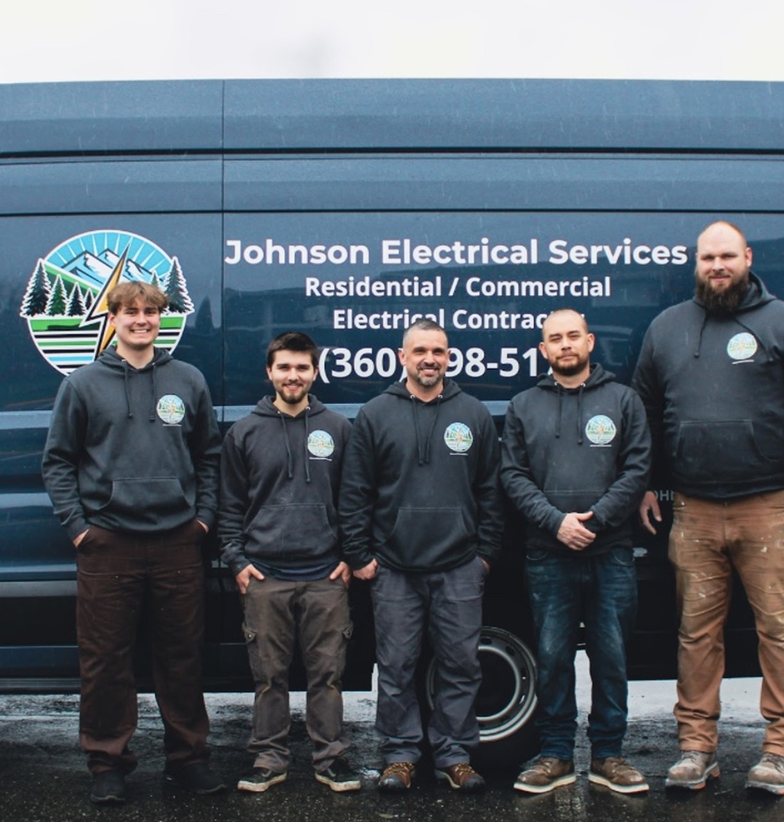 johnson-electrical-services-team-concrete-wa Johnson Electrical Services team standing in front of their service van in Concrete, WA.